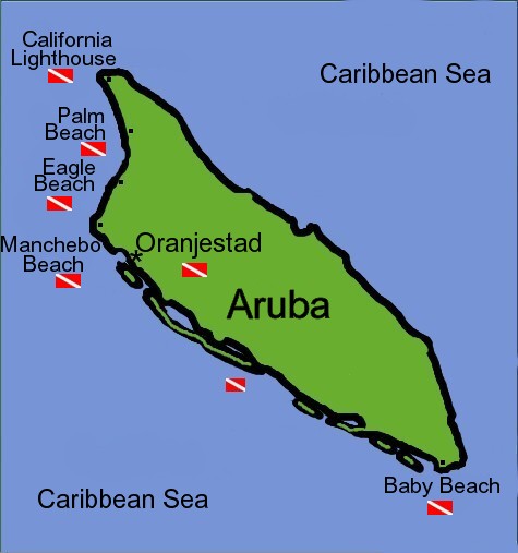 Map and diving sites in Aruba