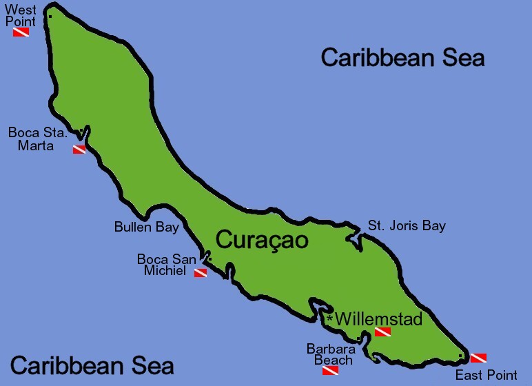 Map and diving sites in Curacao